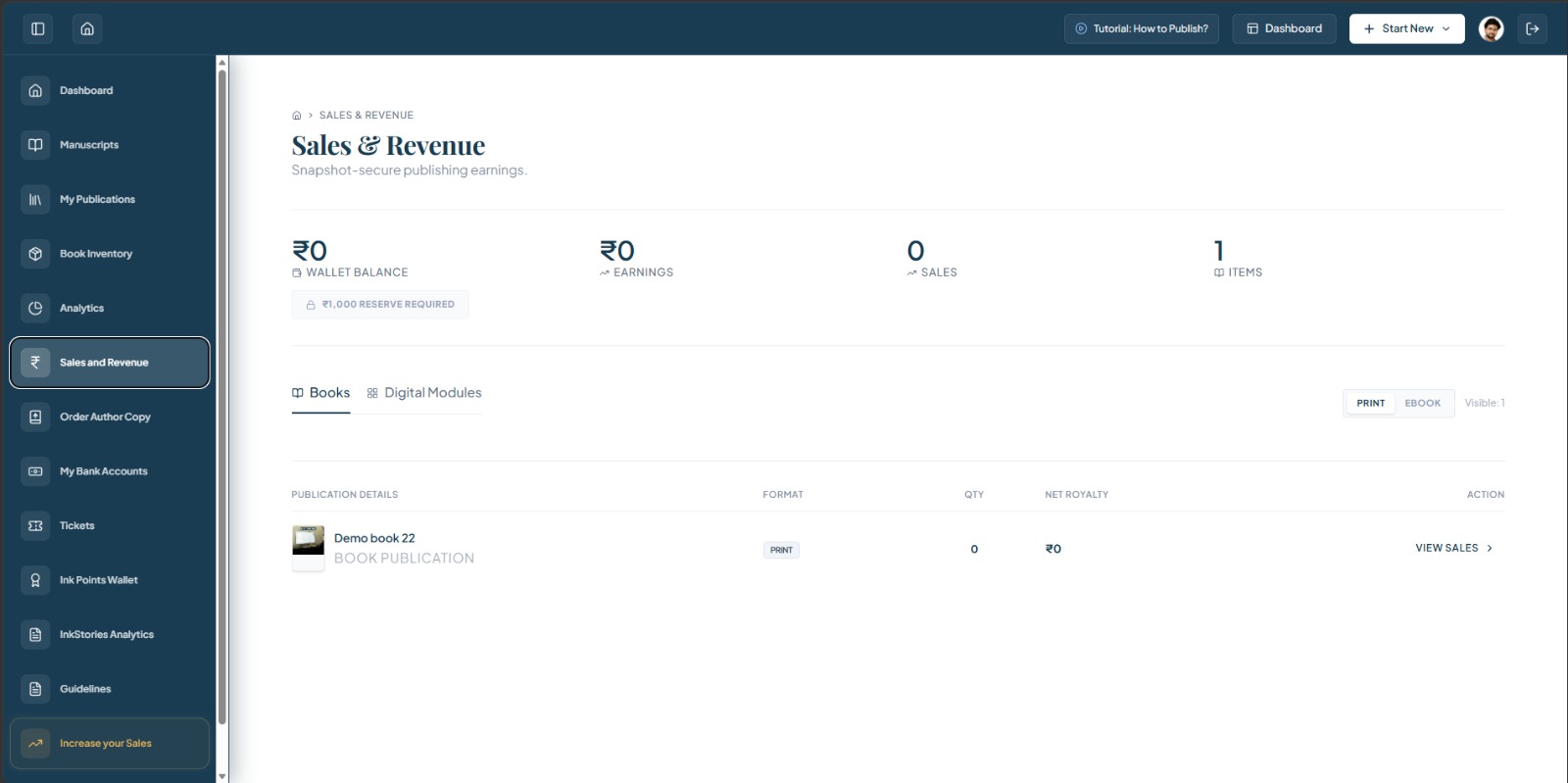 Sales and Revenue desktop view